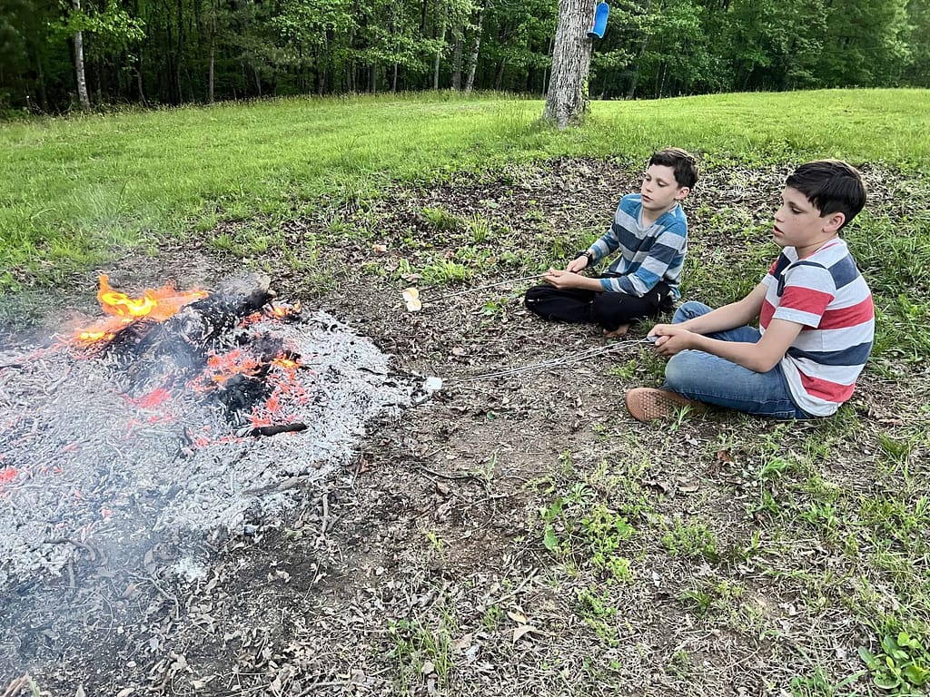 2 boys roasting marshmallows