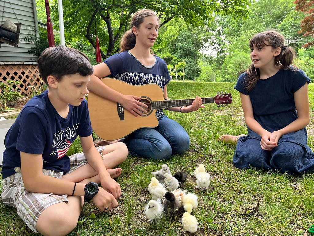 girl playing guitar to chicks