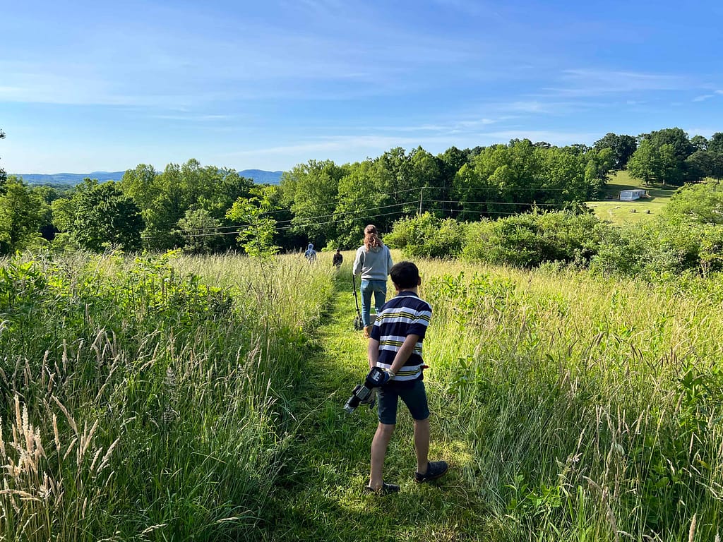 people walking down a mowed path on a big hill