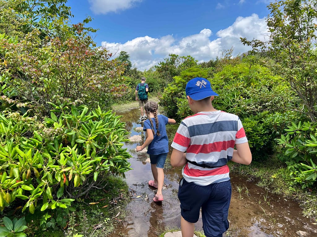 3 kids hiking on a flooded trail