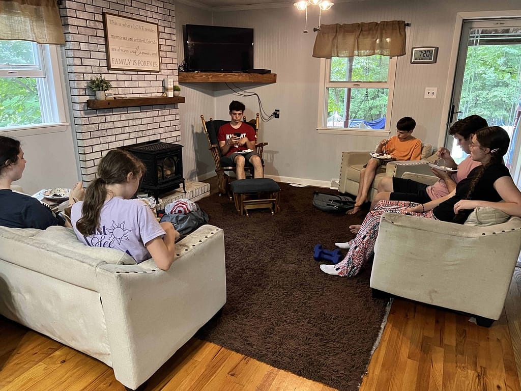 family eating in the living room