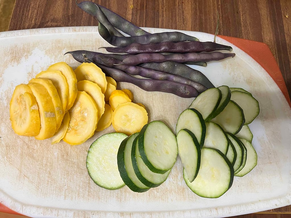 squash, zucchini and purple beans from the garden