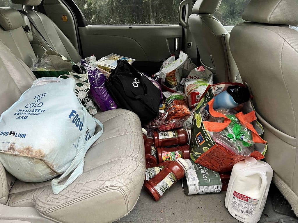 groceries in the back of a car