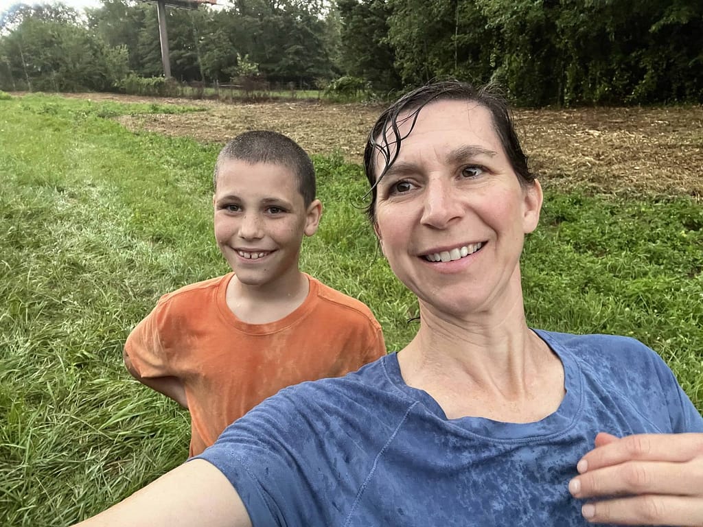 mom and son in the rain