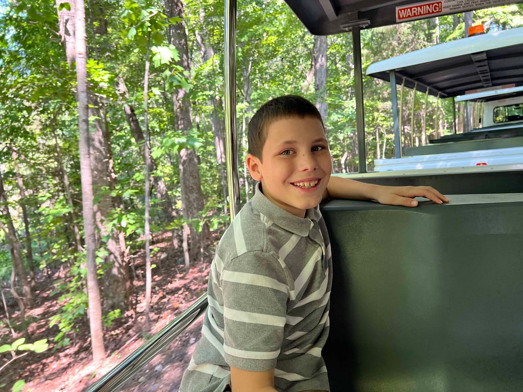 boy riding tram at zoo