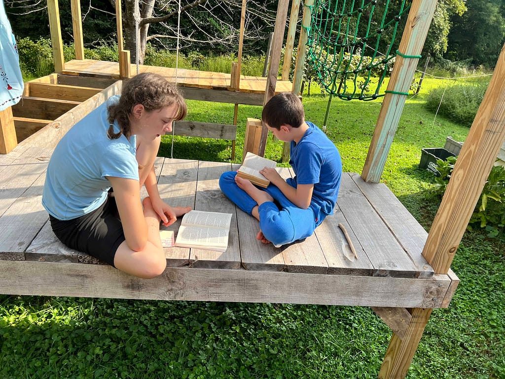 brother and sister reading on a wooden platform