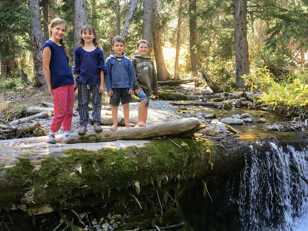 four kids at the top of a small waterfall