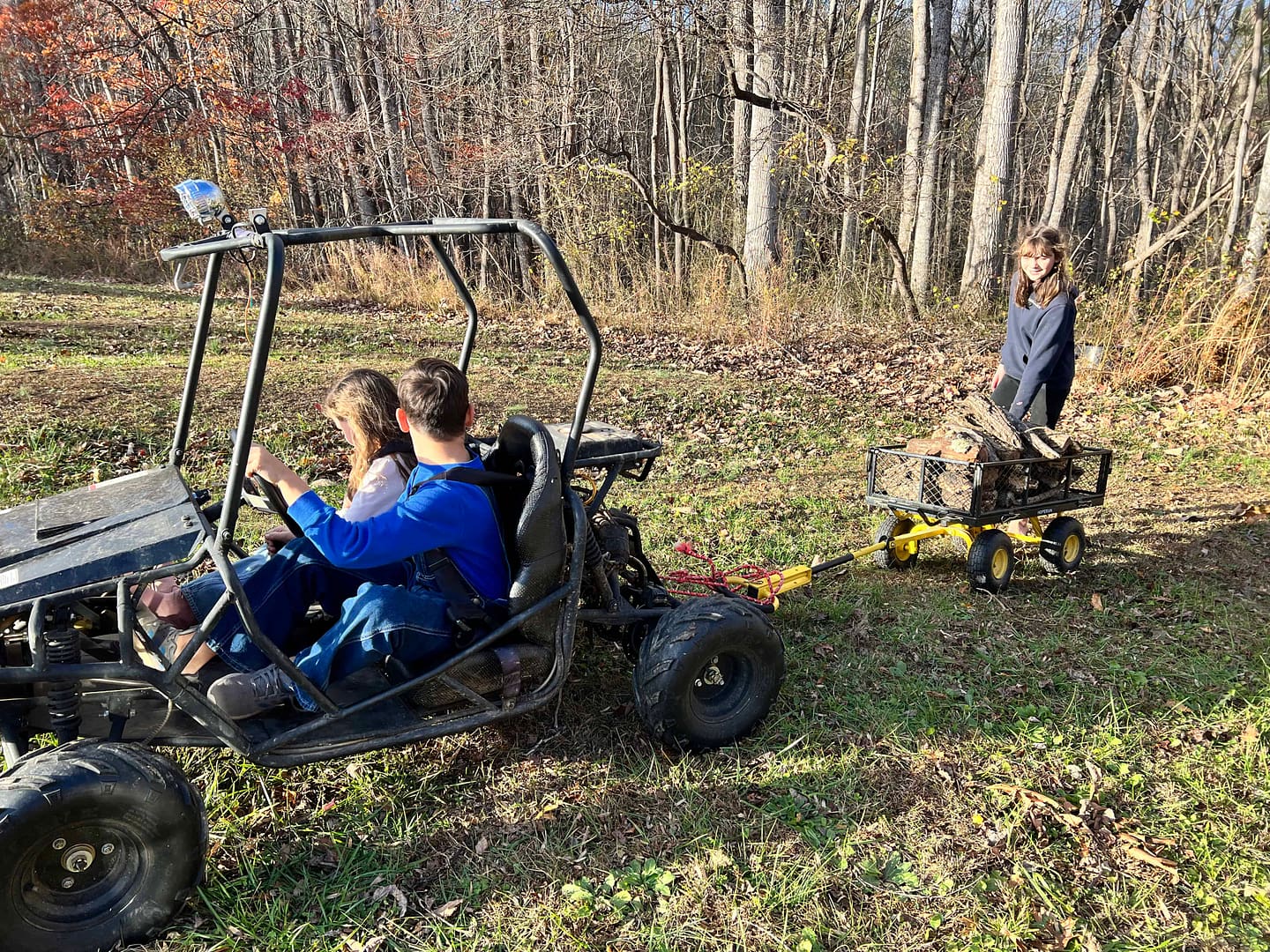 kids pulling a load of wood behind a go cart