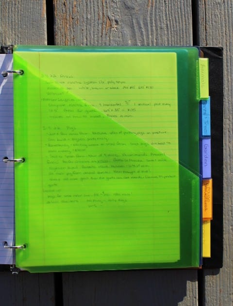 notebook with notes on gardening, house remodels, trees to plant, and how to raise animals.