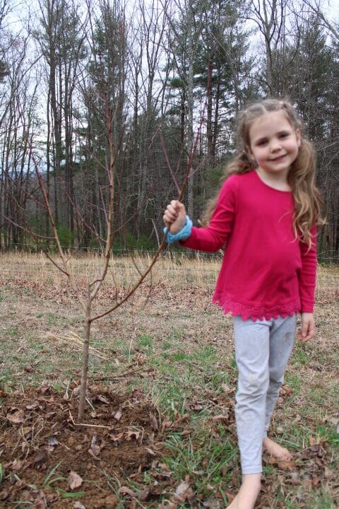 girl standing by a peach tree she planted
