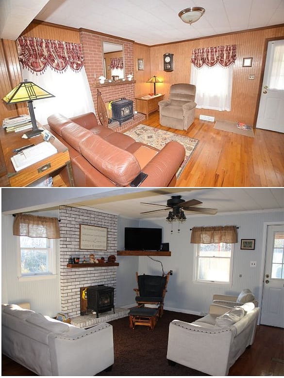 before and after picture of farmhouse living room changed from the 70's to 2022