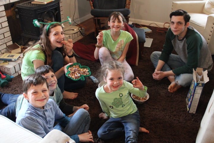 6 kids celebrating St. Patrick's Day with Lucky Charms