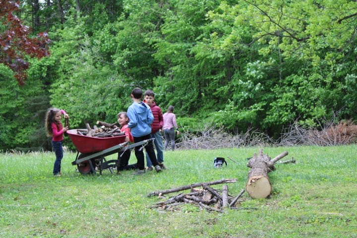 kids load wood into a wheelbarrow in spring