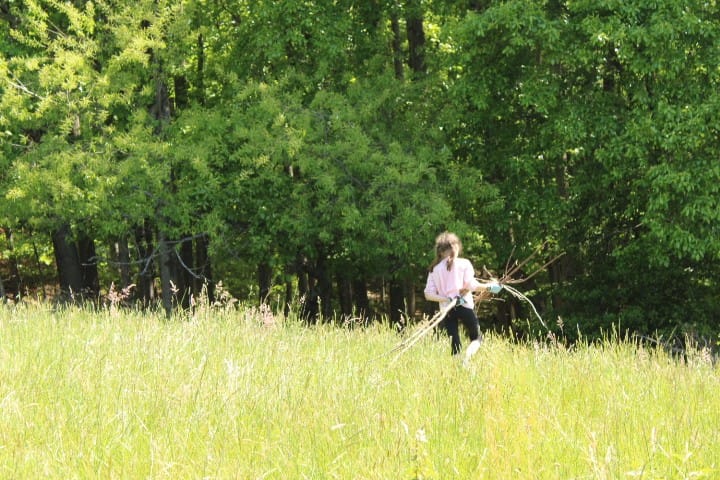 an 11 year-old carries branches towards the woods.