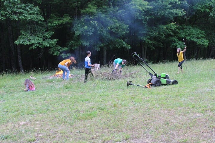 family burns branches in a bonfire