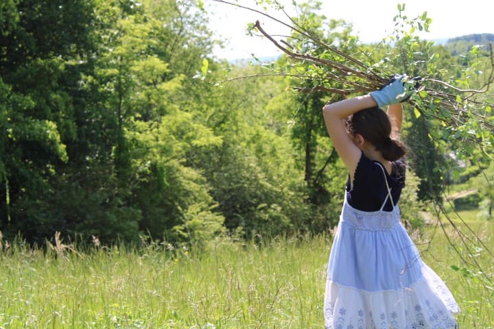 11 year old girl carries branches over her head
