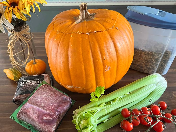 ingredients for dinner in a pumpkin