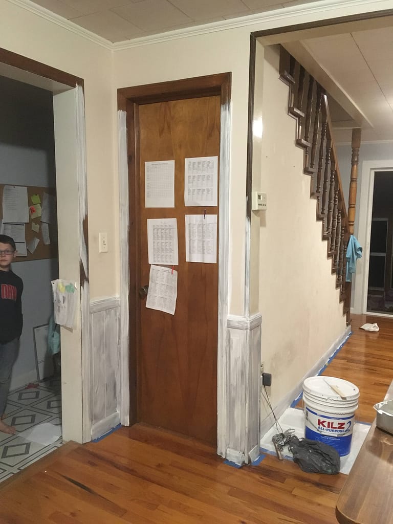 brown basement door and 70's staircase about to be painted