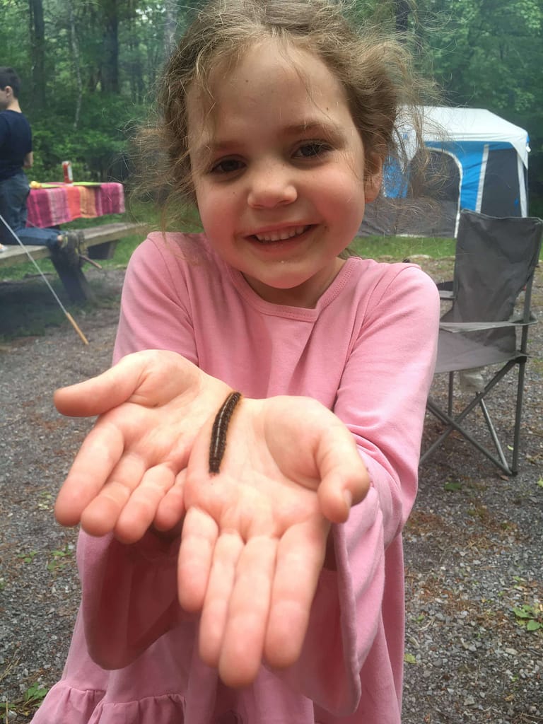 5 year old girl holding a caterpillar camping