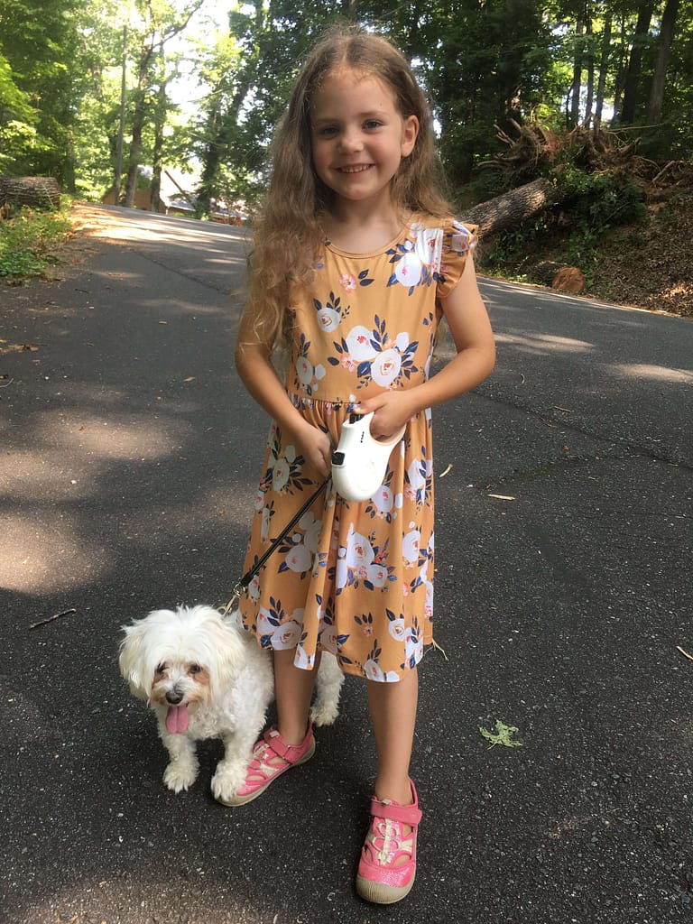 6 year old walks a white dog