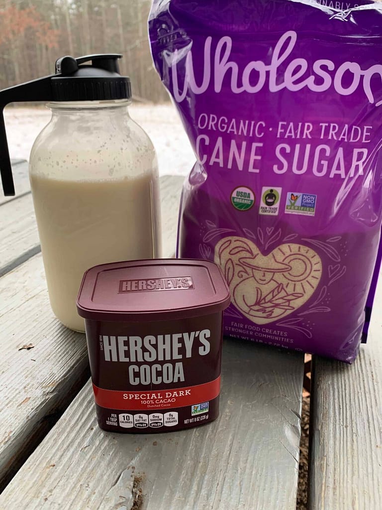 raw milk, dark cocoa powder, organic sugar for hot chocolate