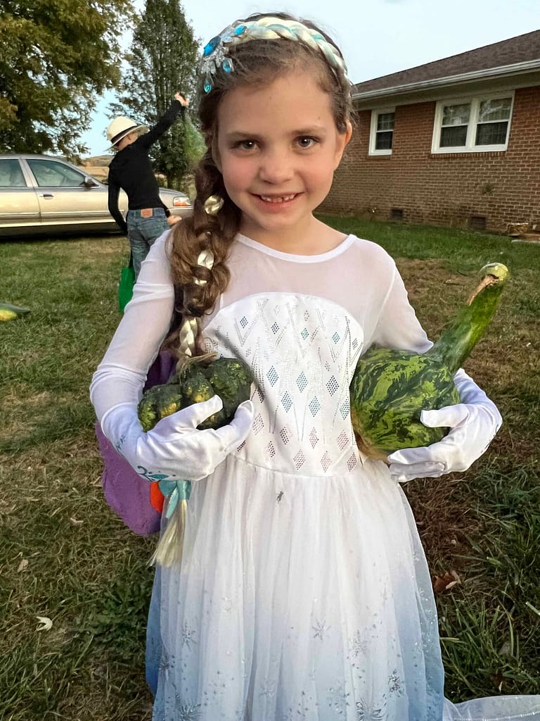 7 year old dressed as Elsa holding 2 gourds