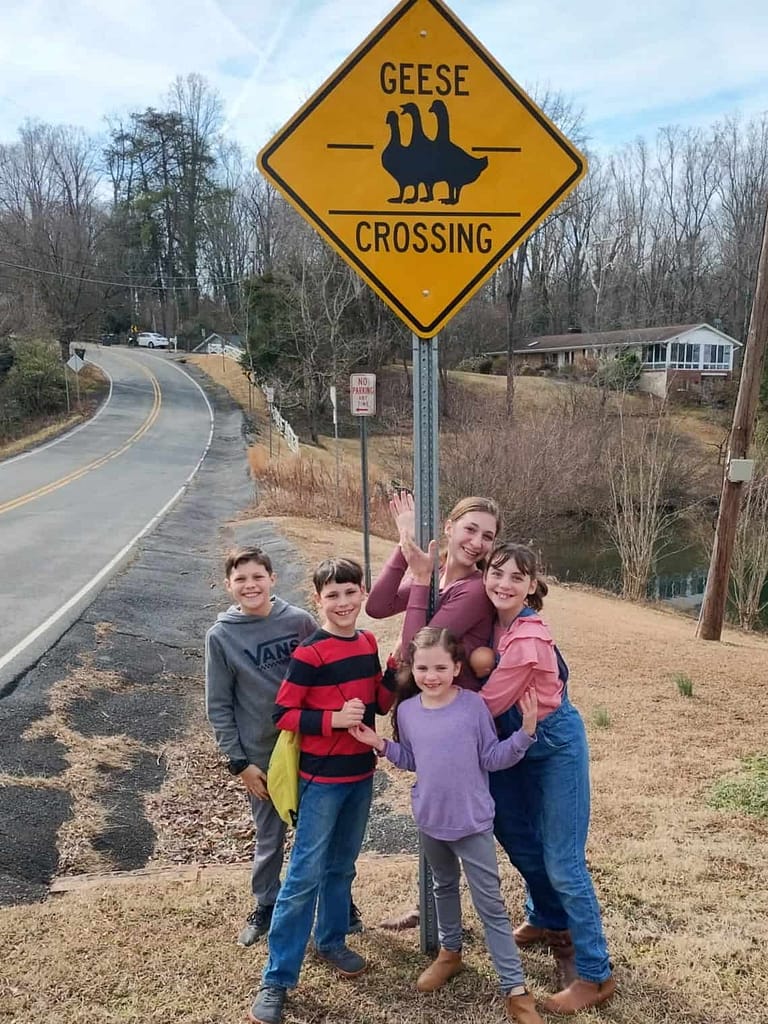 kids in front of a goose crossing sign