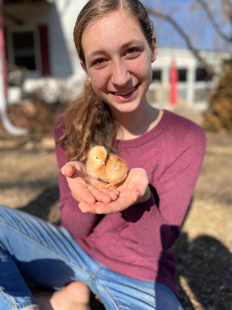 teen girl holding chick