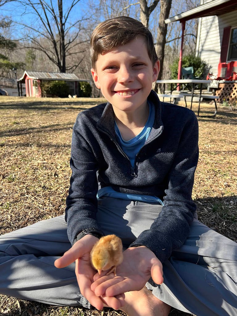 11 year old boy holding a chick