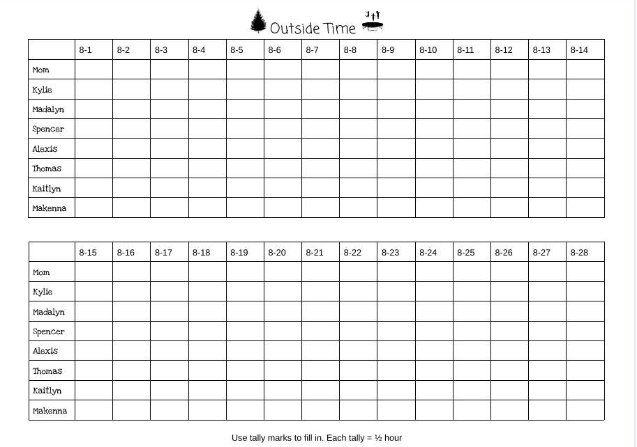 Outside time chart for recording time spent outside