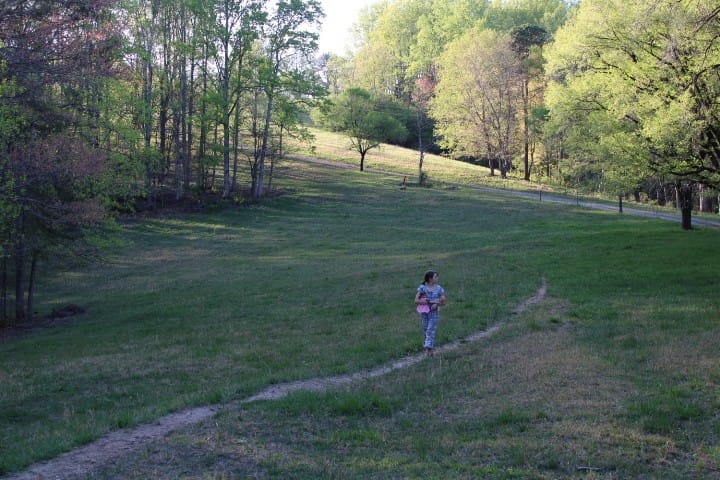 girl wanders through an open field on her property in early spring