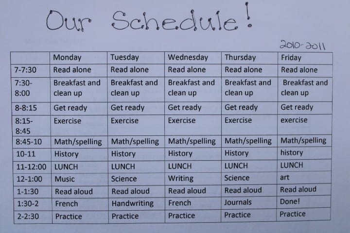 Holladays homeschool schedule 2010