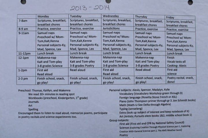 Holladay's daily homeschool schedule 2013