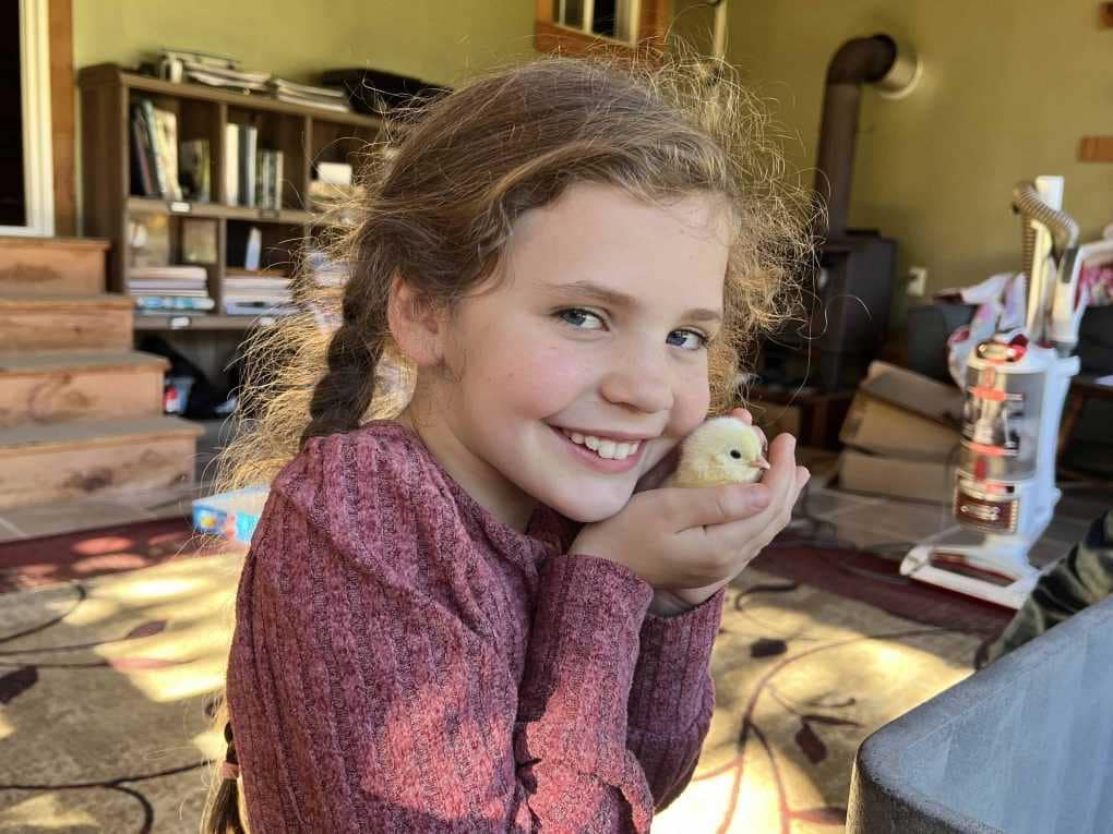 8 year old girl holding chick